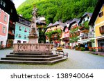 Colorful town square in the village of Hallstatt, Austria