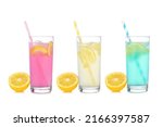 Cold, colorful summer lemonade drinks. Pink, yellow and blue colors in tall glasses with lemons isolated on a white background.