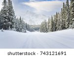 Snowy Road through a Forested Mountain Landscape in Winter