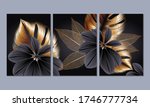 A set of 3 canvases for wall decoration in the living room, office, bedroom, kitchen, office. Home decor of the walls. Luxurious floral background with golden leaves monstera. Element for design. 