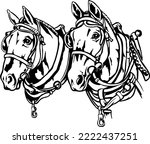 Draft Horses In Harness Vector...