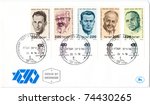 Small photo of ISRAEL - CIRCA 1978: An used envelope and stamps showing portraits of Israeli politicians: Abraham Stern (Yair), Yitzhak Sadeh, David Raziel, Moshe Sneh, Eliyahu Golomb, series, circa 1978