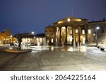 Small photo of HUDDERSFIELD, UK - OCTOBER 26, 2021: The water fountains in front of the Huddersfield train station in the early morning, Kirklees, West Yorkshire