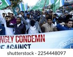 Small photo of KARACHI, PAKISTAN - JAN 26: Members of Jamat-e-Islami holding protest demonstration for strongly condemned the abhorrent act of desecration of the Holy Quran in Sweden on January 26, 2023 in Karachi