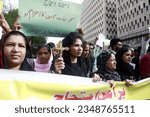 Small photo of KARACHI, PAKISTAN - AUG 17: Members of PPP Minority Wing protest demonstration against violence on minority community and condemned attack on churches in Jaranwala on August 17, 2023 in Karachi.