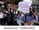 Small photo of KARACHI, PAKISTAN - AUG 17: Members of Minority Community protest demonstration against violence on minority community and condemned attack on churches in Jaranwala on August 17, 2023 in Karachi.