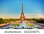 Eiffel Tower seen from fountain at Jardins du Trocadero at a sunny summer day, Paris, France