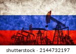 Oil pump jack on flag of Russia. Russian petroleum extraction 3d render