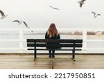Small photo of Woman sitting alone on bench by the sea. Gulls flying