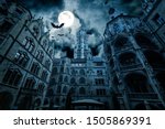 Scary Gothic castle on Halloween night, haunted palace or mansion for dark blue background. Spooky view of old mystery castle and bats in full moon. Horror scene with big gloomy house, fantasy place.