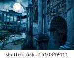 Rome at night, Italy. Fantasy view of old Roman Forum, landmark of Roma. Mysterious ancient ruins of gloomy city in full moon. Spooky dark scene of destroyed buildings for history and Halloween theme