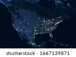 Usa Map At Night  View Of City...