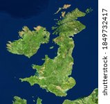 Small photo of UK map in satellite photo, England terrain view from space. Physical map of Great Britain and Ireland islands. Detailed aerial photography of United Kingdom. Elements of image furnished by NASA.