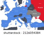NATO (blue) and Ukraine vs Russia on Europe map. Borders of Belarus, Poland, France, Germany, Turkey and other on military-political map. NATO, European Union, war, Russian Kaliningrad and Crimea