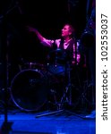 Small photo of NEW YORK - MAY 09: Dougie Bowne drums of Dougie Bowne's Peninsula band performs as part of NYC Undead Jazz Festival at Le Poisson Rouge on May 09, 2012 in New York City