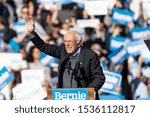 Small photo of New York, NY - October 19, 2019: U.S. Senator Bernie Sanders speaks during Bernie Sanders Rally "Bernie's Back" in Queensbridge Park