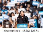 Small photo of New York, NY - October 19, 2019: U.S. Representative Alexandria Ocasio-Cortez speaks during Bernie Sanders Rally "Bernie's Back" in Queensbridge Park. She endoreses him for President of USA