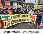 Small photo of New York, NY - February 11, 2021: Protesters with Tigray flags and posters staged rally on Dag Hammarskjold Plaza demanding end of Ethiopia offence on civilians