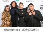 Small photo of New York, NY - November 29, 2021: Devery James, D'Pharoah Woon-A-Tai, Sterlin Harjo, Paulina Alexis pose in Green Room as winners for breakthrough series Reservation Dogs at Cipriani Wall Street