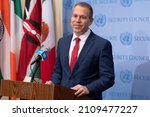 Small photo of New York, NY - January 19, 2022: Ambassador Gilad Erdan, Permanent Representative of Israel to the United Nations speaks at SC stakeout in UN Headquarters