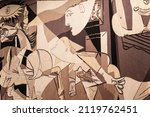 Small photo of New York, NY - February 7, 2022: PicassoaE™s Guernica tapestry has been cared for by conservators and rehung outside the United Nations Security Council Chamber
