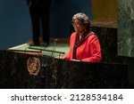 Small photo of New York, NY - February 23, 2022: Ambassador Linda Thomas-Greenfield speaks during General Assembly meeting discussing situation in Ukraine at UN Headquarters