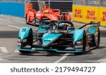 Small photo of New York, NY - July 17, 2022: Mitch Evans (9) of Jaguar team rides car during Formula E racing season 8 day 2 at cruise terminal in Red Hook Brooklyn.