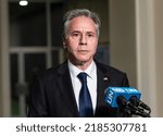 Small photo of New York, NY - August 1, 2022: Secretary of State Antony B linken press encounter at General Assembly stakeout at UN Headquarters