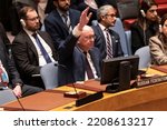 Small photo of New York, NY - September 30, 2022: Ambassador of Russian Federation seen voting to veto at Security Council vote on joint resolution to condemn Russian on annexation in UN Headquarters