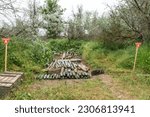 Small photo of Unexploded munition collected by de-mining unit of National Guards of Ukraine before they will be destroyed seen in near Kherson in Ukraine on May 22, 2023