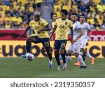 Small photo of Moises Caicedo (23) of Ecuador controls ball during friendly game against Bolivia on Red Bull Arena in Harrison New Jersey on June 17, 2023