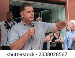 Small photo of Executive Director NHL PA Marty Walsh speaks as striking members of Writers Guild of America picketing in front of CBS Broadcast Center on theme Sport Writers Picket in New York on July 26, 2023