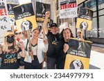 Small photo of Kristen Gonzalez, Brad Lander, Rebecca Damon attend WGA picket on 100th day of strike at Netflix and Warner Bros. Discovery offices in New York on August 9, 2023.