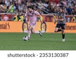 Small photo of Lionel Messi (10) of Inter Miami controls ball during MLS regular season match against Red Bulls at Red Bull Arena in Harrison, New Jersey on August 26, 2023