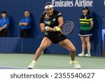 Small photo of Ons Jabeur of Tunisia returns ball during 2nd round against Linda Noskova of Czechia at the US Open Championships at Billie Jean King Tennis Center in New York on August 31, 2023