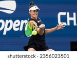 Small photo of Jennifer Brady of USA returns ball during 3rd round against Caroline Wozniacki of Denmark at the US Open Championships at Billie Jean King Tennis Center in New York on September 1, 2023