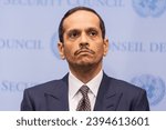 Small photo of Sheikh Mohammed bin Abdulrahman bin Jassim Al-Thani, Prime Minister and Minister for Foreign Affairs of the State of Qatar attends press briefing at UN Headquarters in New York on November 29, 2023
