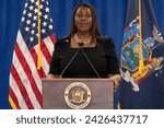 Small photo of New York State Attorney General Letitia James delivers remarks on landmark victory in civil fraud trial against Donald Trump and the Trump Organization at 28 Liberty Street in New York on Feb 16, 2024