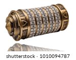 Small photo of Cryptography codes and ciphers , top secret message and keyword puzzle concept with a metal combination cryptex isolated on white with a clipping path included