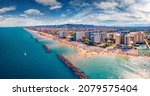 Small photo of Aerial landscape photography. Splendid summer view from flying drone of Montesilvano public beach. Wonderful morning seascape of Adriatic sea, Italy, Europe. Vacation concept background.