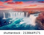 Aerial morning view of Skjalfandafljot river, Iceland, Europe. Stunning summer sunrise on Godafoss with sift waters cascade. Beauty of nature concept background.