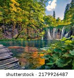 Small photo of Spectacular summer sunrise in Plitvice National Park. Superb morning scene of Croatia, Europe. Beauty of nature concept background.