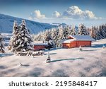 Frosty winter view of Alpe di Siusi village. Bright landscape of Dolomite Alps. Snowy outdoor scene of ski resort, Ityaly, Europe. Traveling concept background.