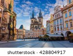 Spring morning on the Old Town square with Tyn Church. Sunny sityscape in capital of Czech Republic - Prague, Europe. Artistic style post processed photo.