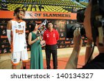 Small photo of BANGKOK - MAY 28:Christien Charles(W) and Leo Austria(R) interview before ASEAN Basketball League "ABL" playoffs game3 at Nimibut Stadium on May 28, 2013 in Bangkok,Thailand.