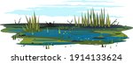 Wild danger swamp with dirty water and various plants isolated illustration, dead trees with bulrush plants, clipart of terrible mystical place, swampy pond with reeds, overgrown pond