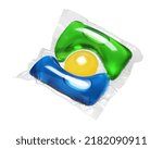 Laundry detergent pod blue, green and yellow colored isolated on white background.