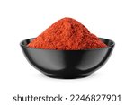 Ground red pepper in black bowl isolated on white background. Front view.