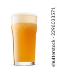 Small photo of British style imperial pint glass of fresh hazy wheat unfiltered beer with cap of foam isolated on white background.