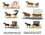 Transportation in past times, isolated horses pulling carriages with passengers. Romantic old city vacation. Chariots with vintage and retro looks. Fairytale or history. Vector in flat style